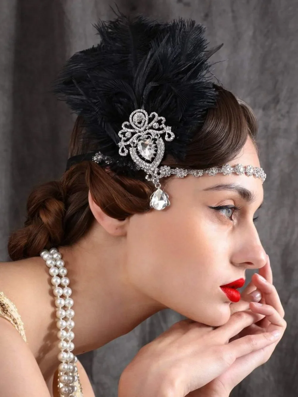 1920s Black Feather Headband with Crystals | Great Gatsby Hair Accessory for